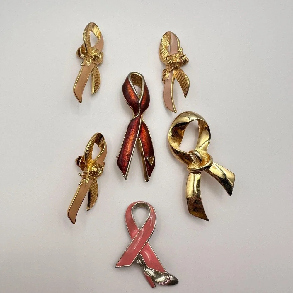 Vintage‎ 90s Awareness Ribbon Enamel Gold Tone Brooch Pins Set Classic Jewelry